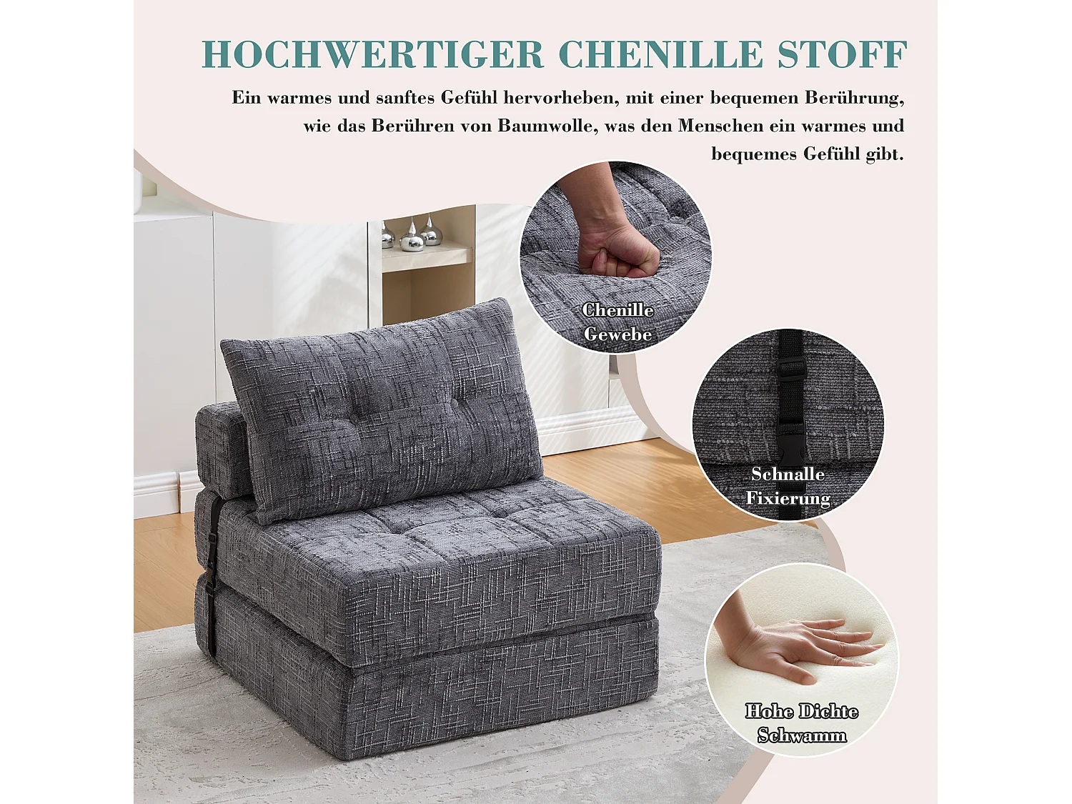 Canapé-lit pliable avec coussins, matelas pliant avec dossier, portable, tissu chenille gris (79x79x57 cm)