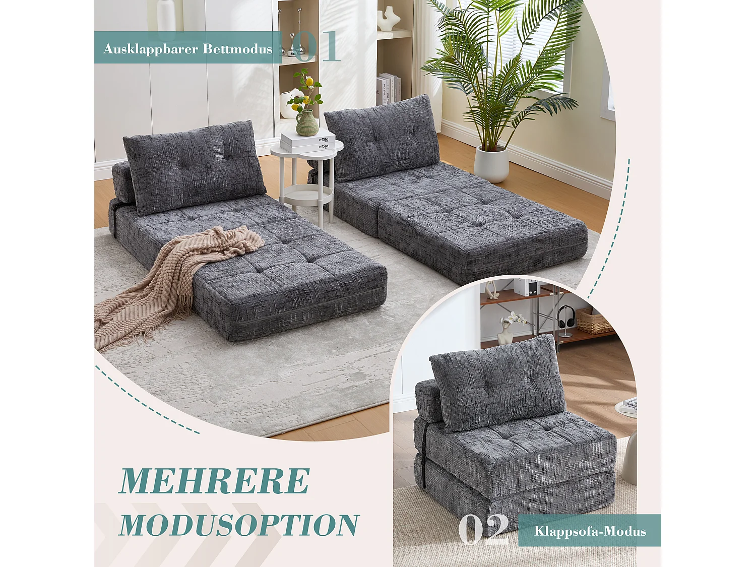 Canapé-lit pliable avec coussins, matelas pliant avec dossier, portable, tissu chenille gris (79x79x57 cm)