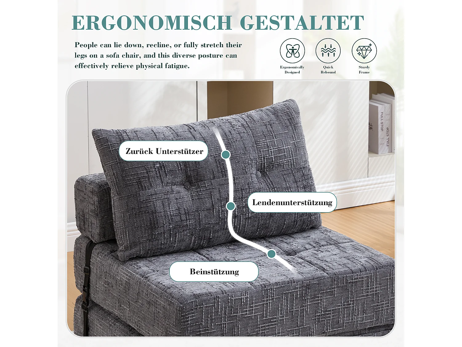 Canapé-lit pliable avec coussins, matelas pliant avec dossier, portable, tissu chenille gris (79x79x57 cm)