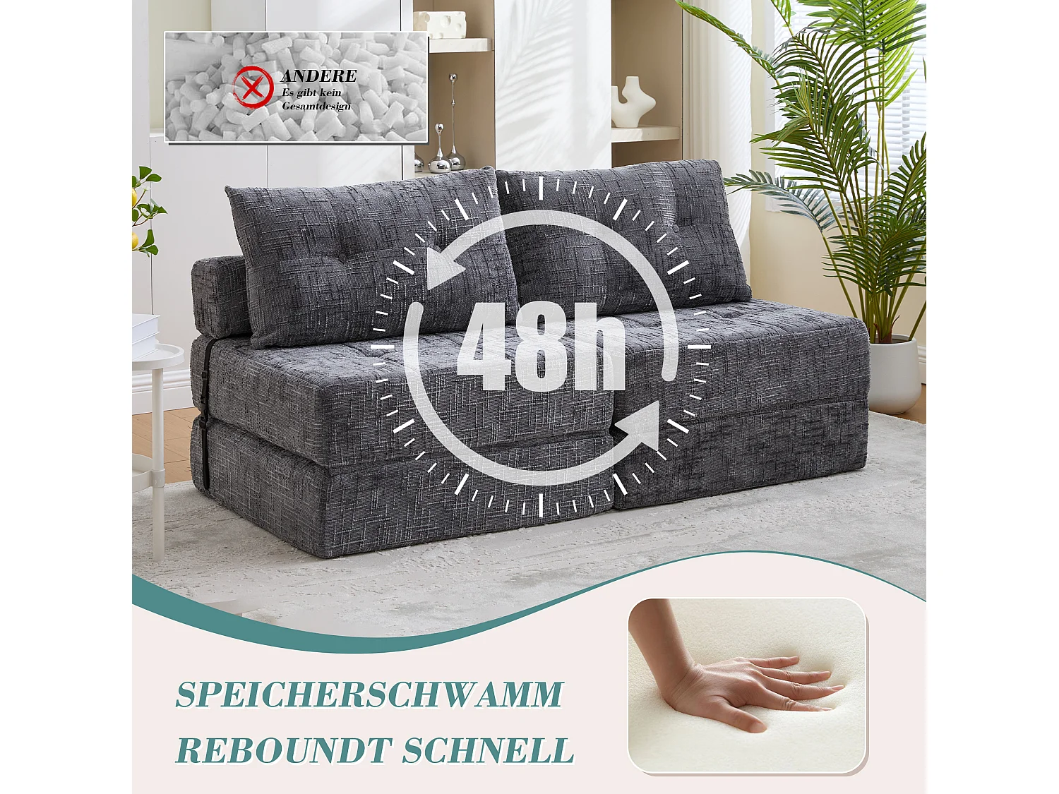 Canapé-lit pliable avec coussins, matelas pliant avec dossier, portable, tissu chenille gris (79x79x57 cm)