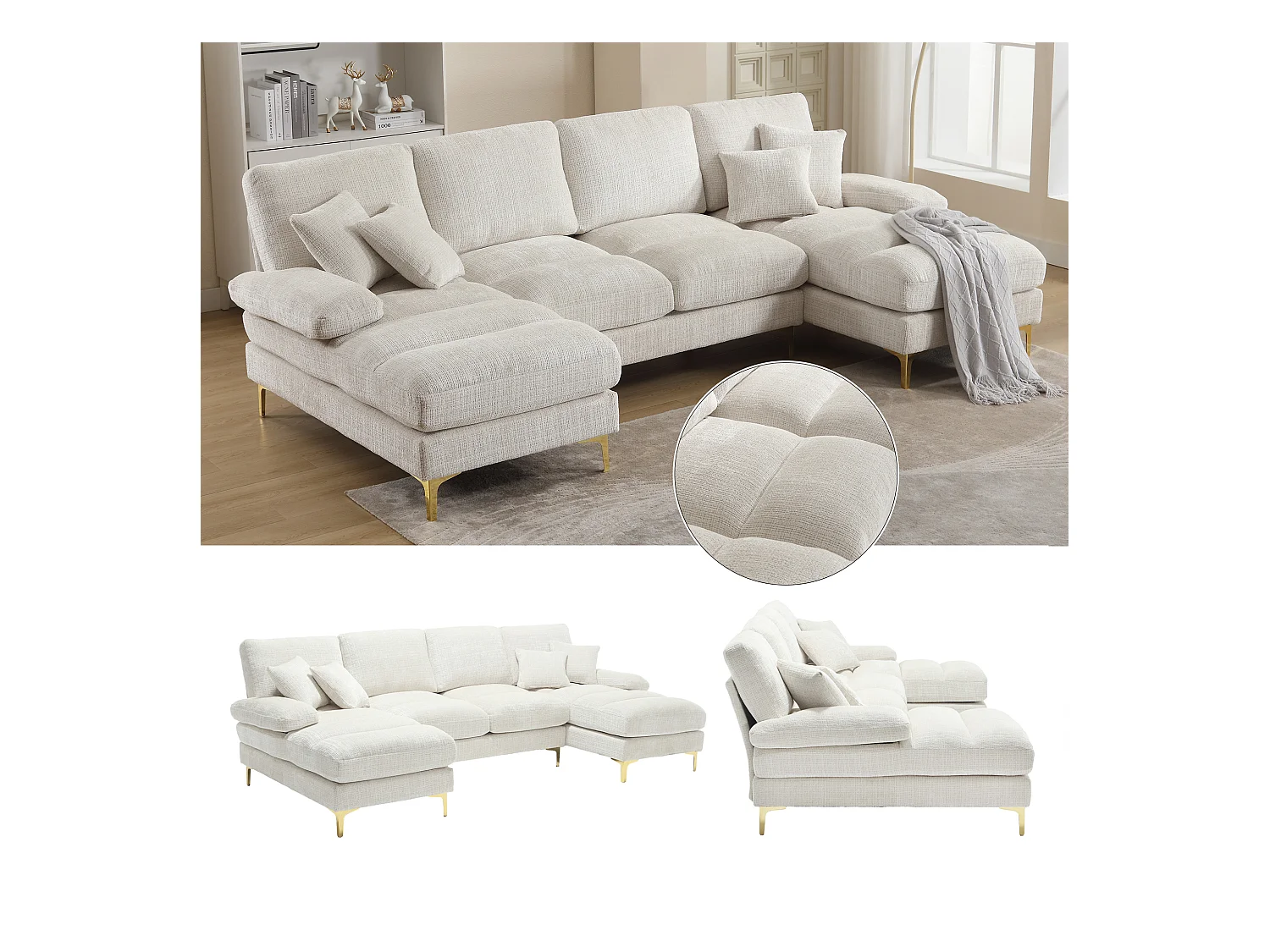 Canapé Sectionnel U-Shaped avec deux positions inclinables, Chenille, 4 places, Beige (272x136x88 cm)