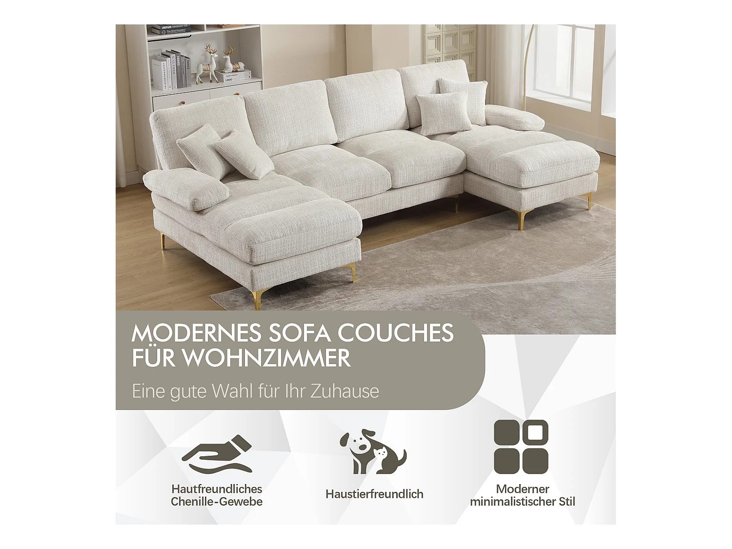 Canapé Sectionnel U-Shaped avec deux positions inclinables, Chenille, 4 places, Beige (272x136x88 cm)