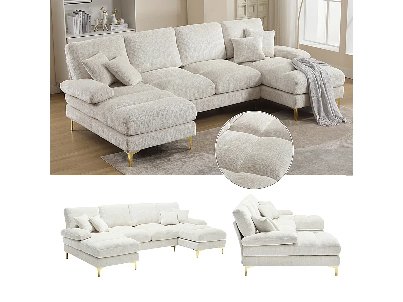 Canapé Sectionnel U-Shaped avec deux positions inclinables, Chenille, 4 places, Beige (272x136x88 cm)