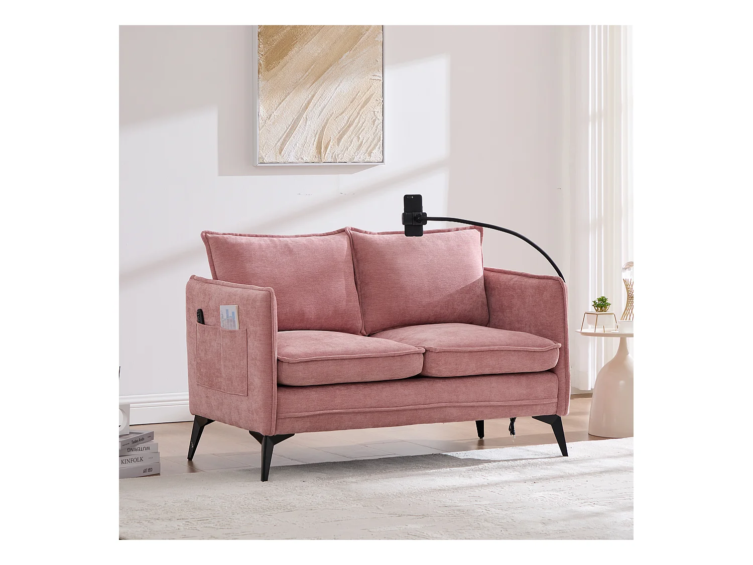 Canapé 2 places avec rangement, support téléphone ajustable, tissu chenille, rose (127x69x66 cm)