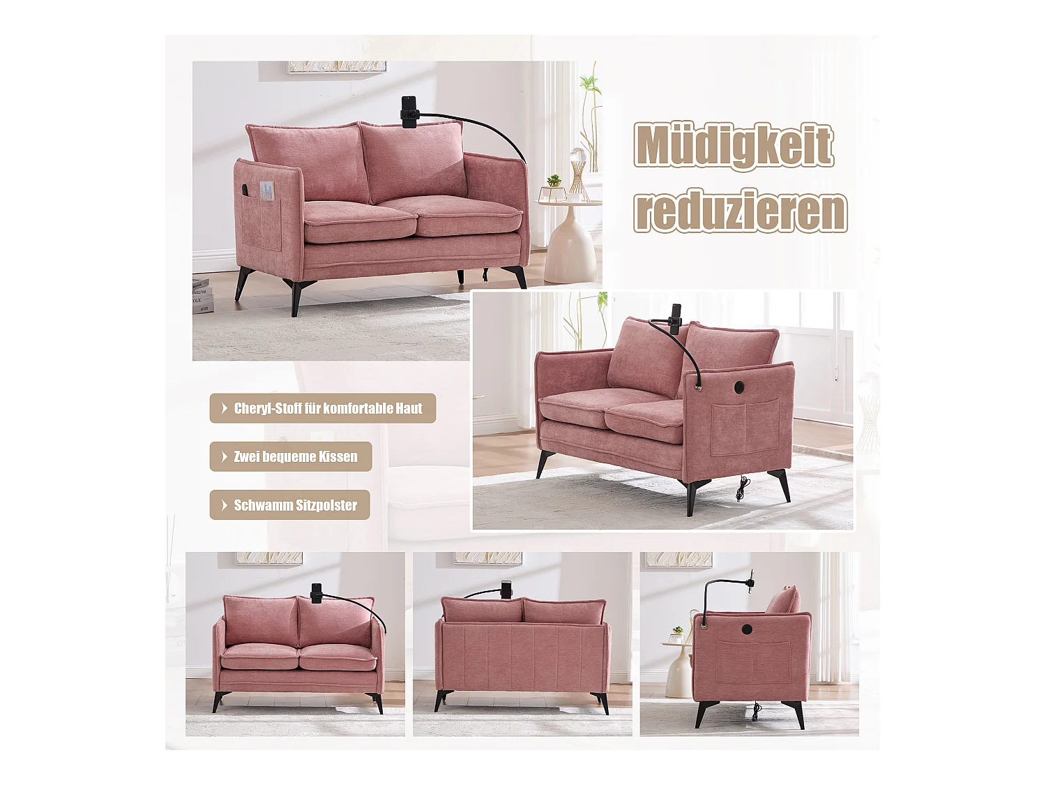 Canapé 2 places avec rangement, support téléphone ajustable, tissu chenille, rose (127x69x66 cm)