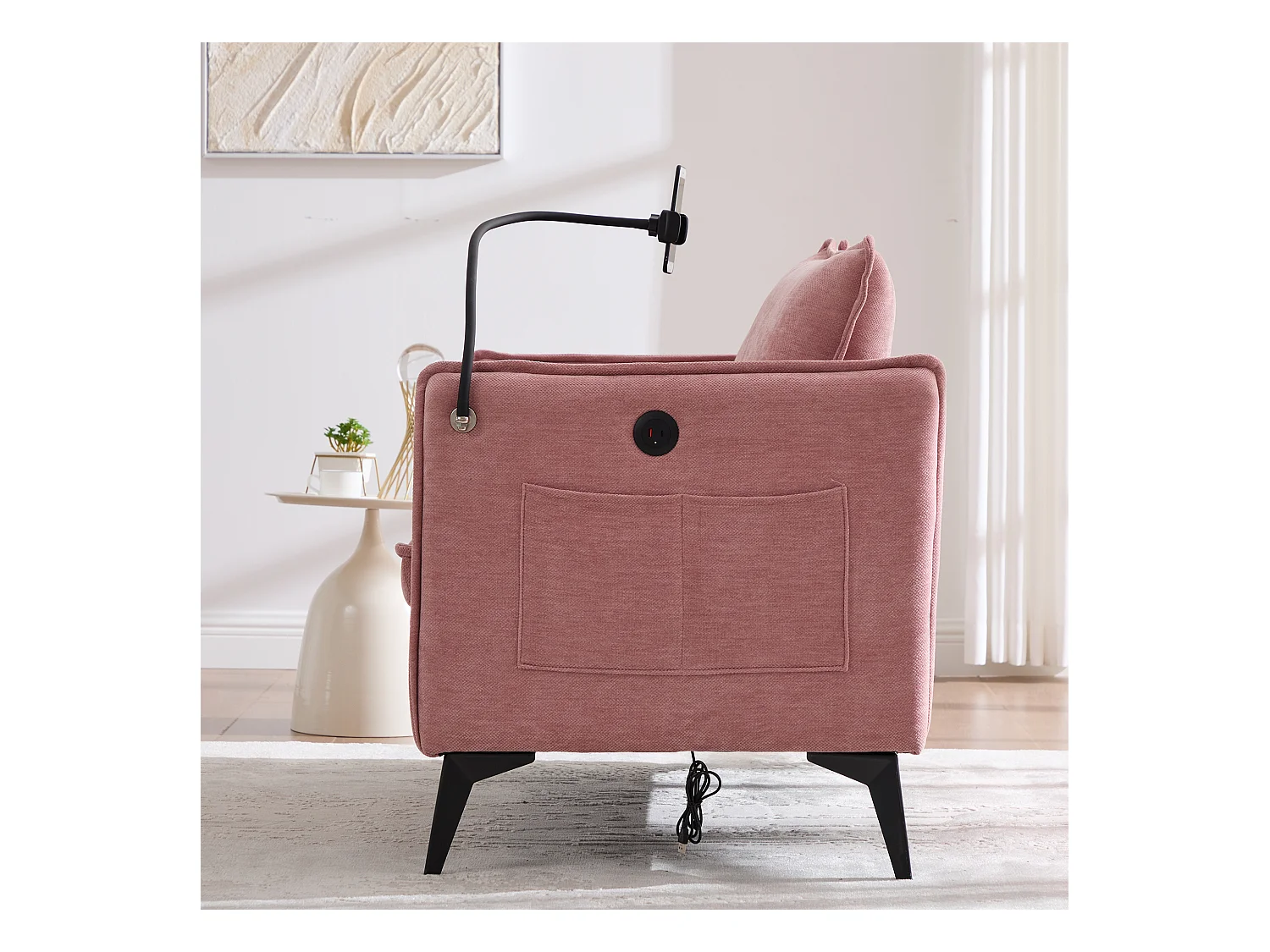 Canapé 2 places avec rangement, support téléphone ajustable, tissu chenille, rose (127x69x66 cm)