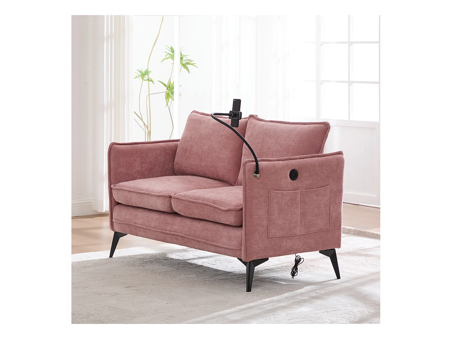 Canapé 2 places avec rangement, support téléphone ajustable, tissu chenille, rose (127x69x66 cm)