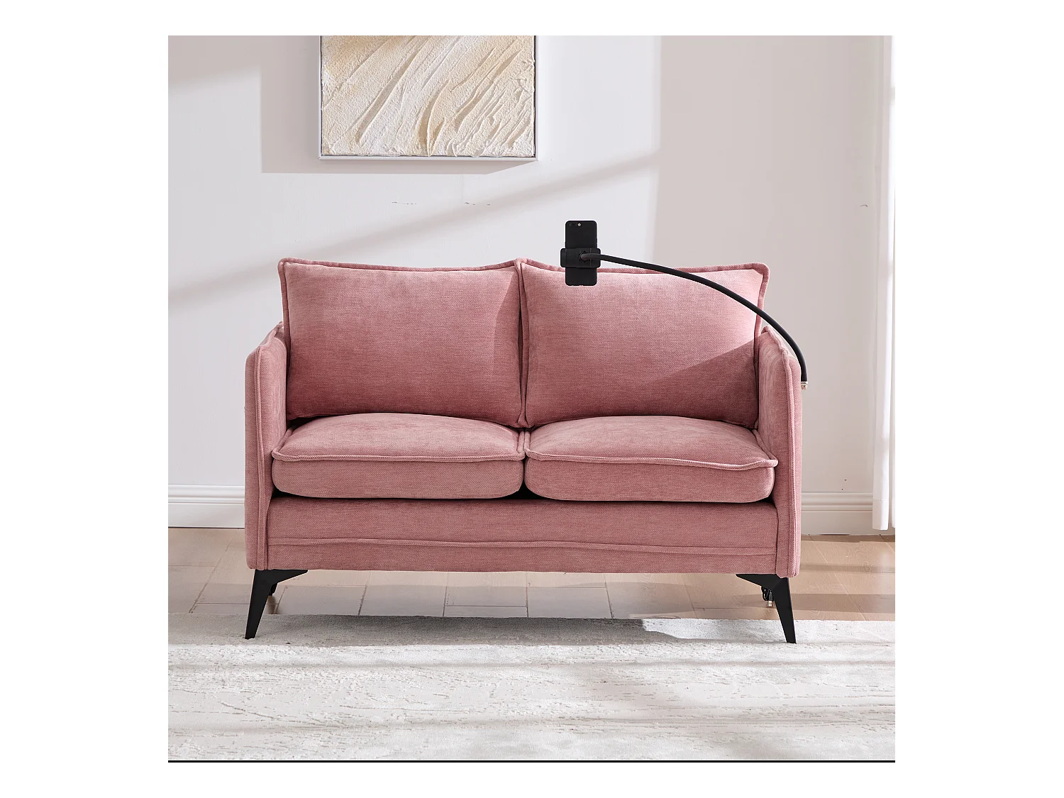 Canapé 2 places avec rangement, support téléphone ajustable, tissu chenille, rose (127x69x66 cm)