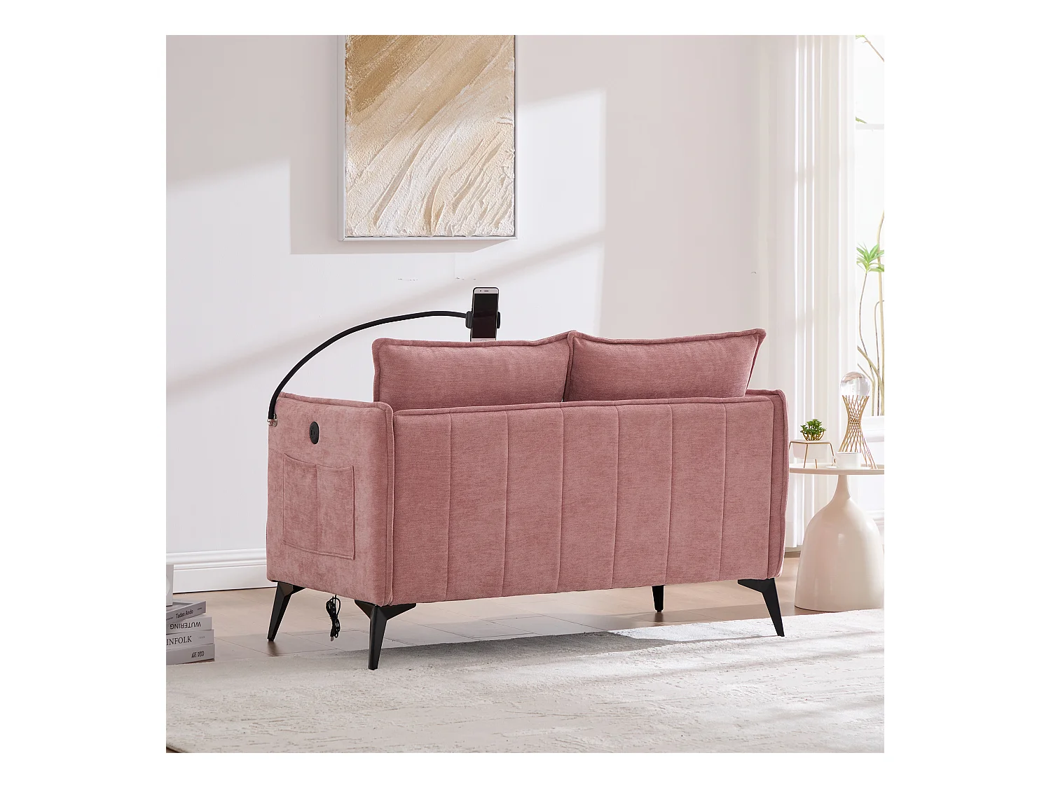 Canapé 2 places avec rangement, support téléphone ajustable, tissu chenille, rose (127x69x66 cm)