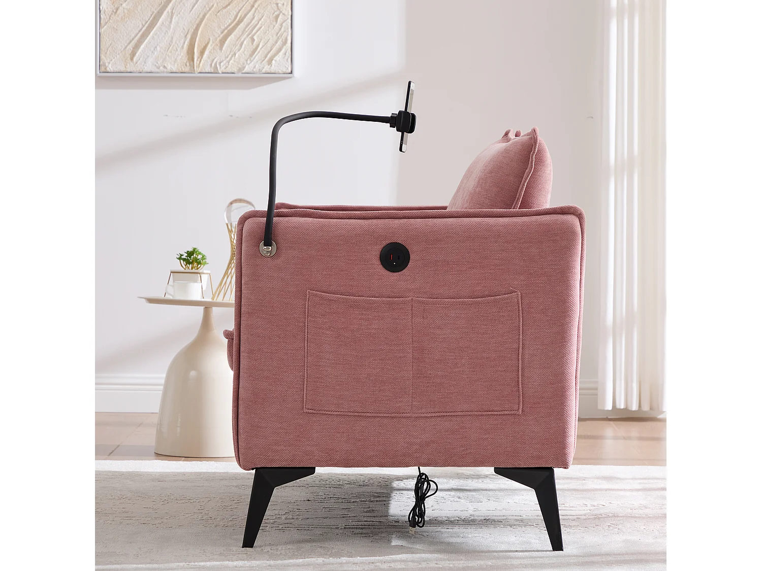 Canapé 2 places avec rangement, support téléphone ajustable, tissu chenille, rose (127x69x66 cm)