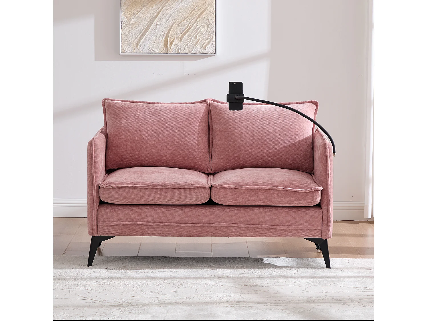 Canapé 2 places avec rangement, support téléphone ajustable, tissu chenille, rose (127x69x66 cm)