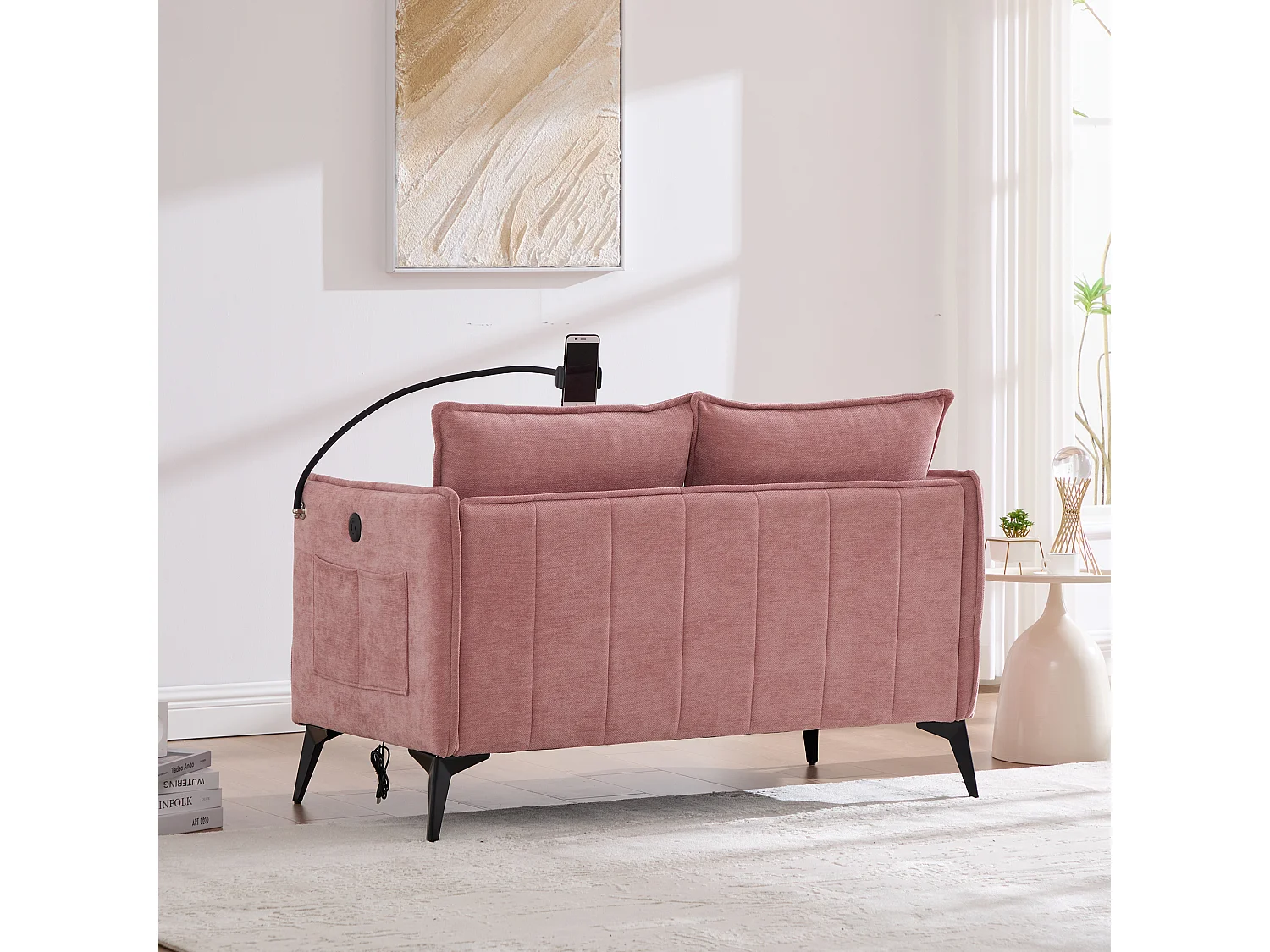 Canapé 2 places avec rangement, support téléphone ajustable, tissu chenille, rose (127x69x66 cm)