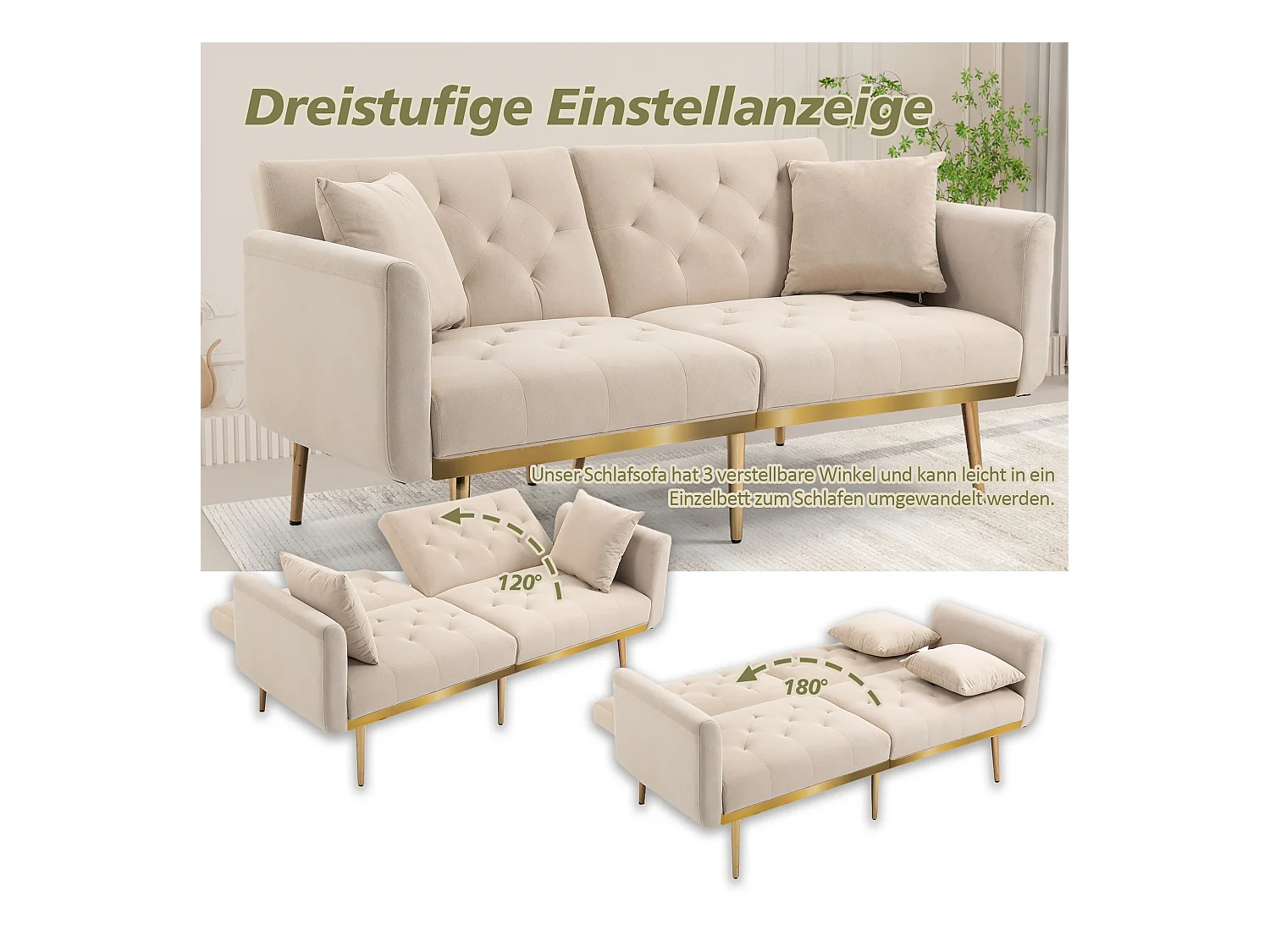 Canapé moderne 2 places avec coussins, dossier réglable, velours, beige, (161.97x79.98x77.97 cm)