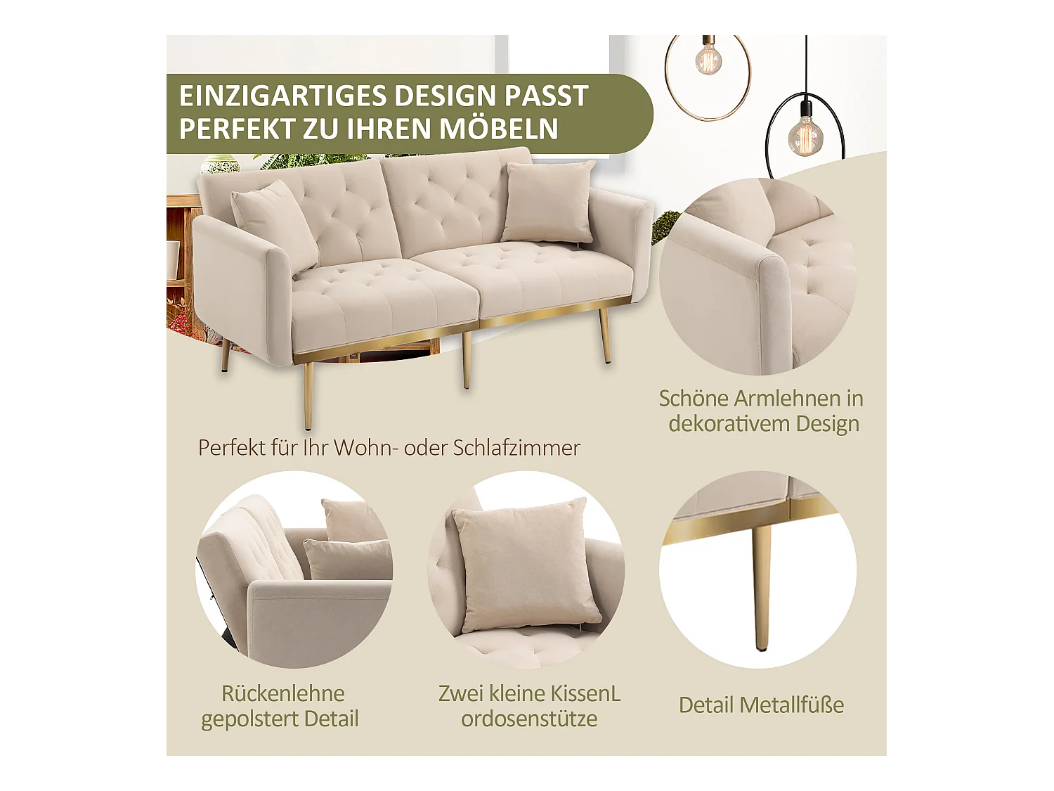 Canapé moderne 2 places avec coussins, dossier réglable, velours, beige, (161.97x79.98x77.97 cm)