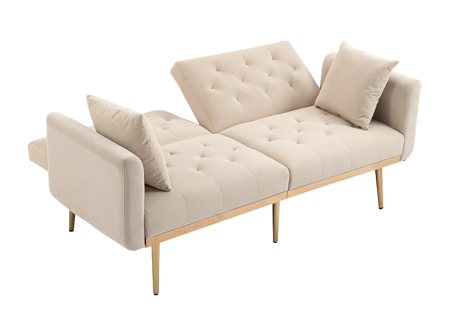 Canapé moderne 2 places avec coussins, dossier réglable, velours, beige, (161.97x79.98x77.97 cm)