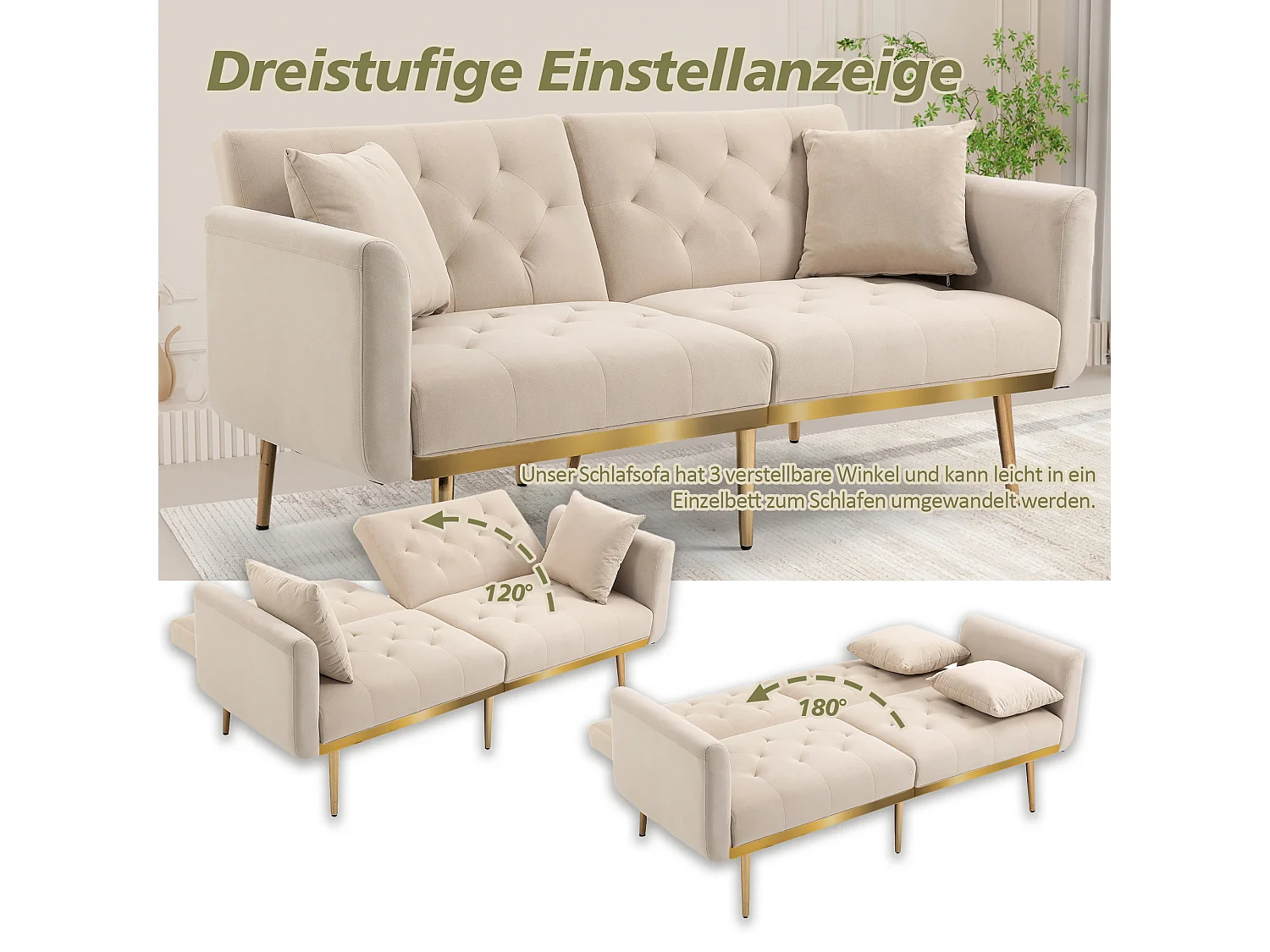 Canapé moderne 2 places avec coussins, dossier réglable, velours, beige, (161.97x79.98x77.97 cm)