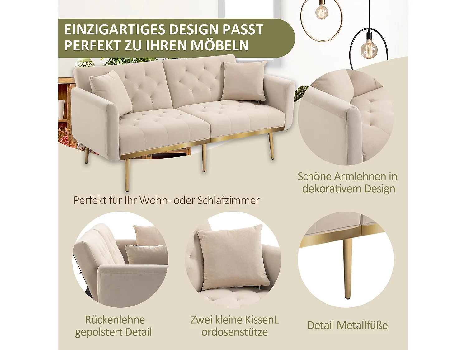 Canapé moderne 2 places avec coussins, dossier réglable, velours, beige, (161.97x79.98x77.97 cm)