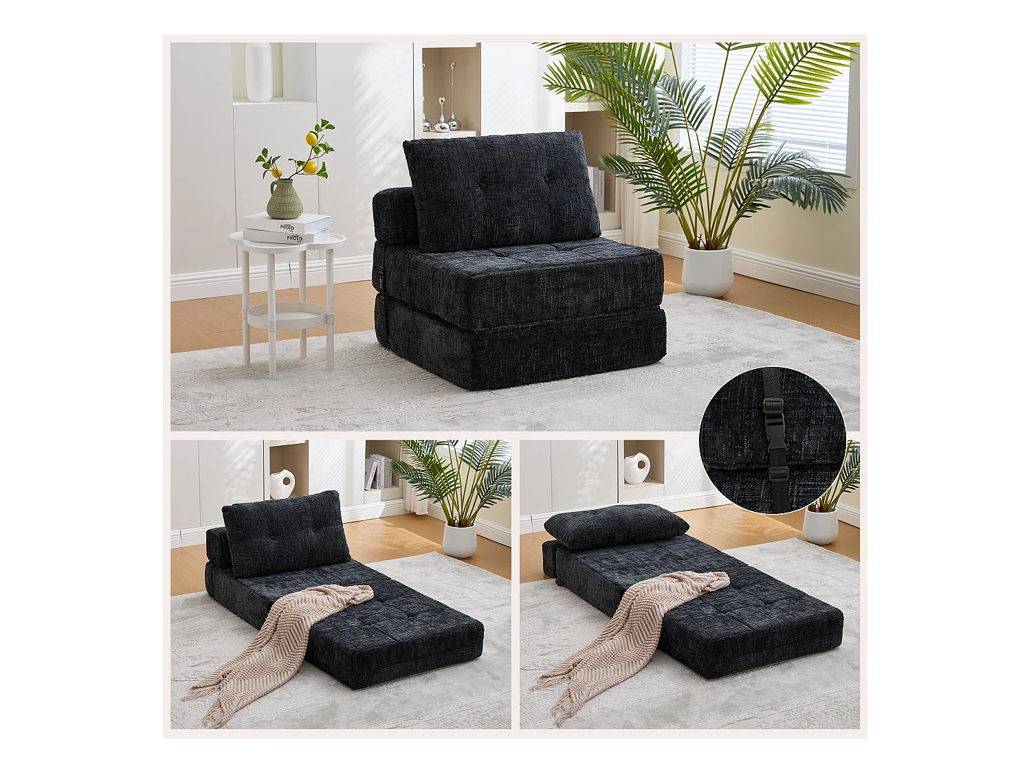 Sofá cama plegable con cojines, colchón plegable con respaldo, portátil, tela de chenilla negra (79 x 79 x 57 cm)