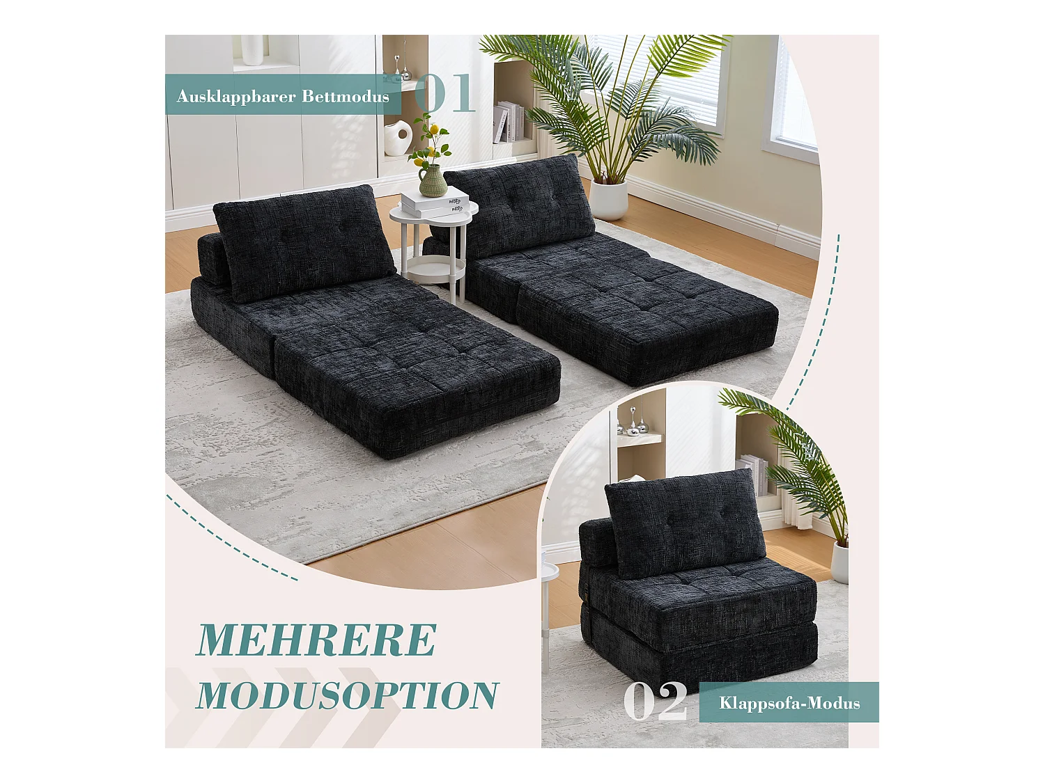 Sofá cama plegable con cojines, colchón plegable con respaldo, portátil, tela de chenilla negra (79 x 79 x 57 cm)