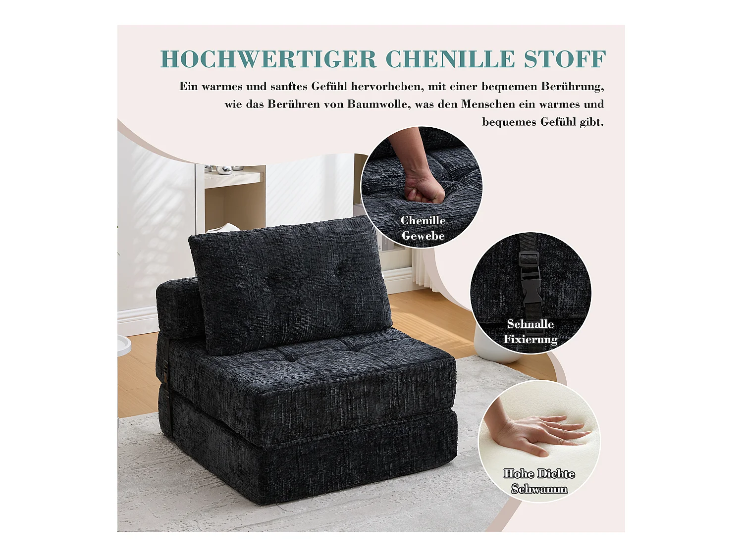 Sofá cama plegable con cojines, colchón plegable con respaldo, portátil, tela de chenilla negra (79 x 79 x 57 cm)