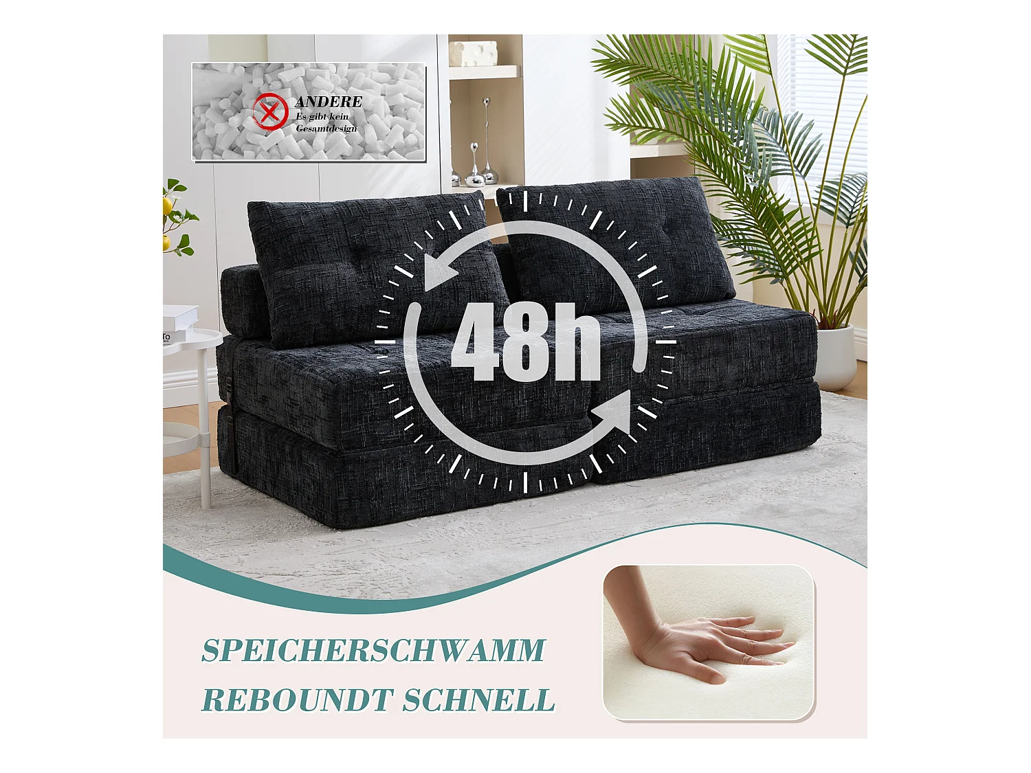 Sofá cama plegable con cojines, colchón plegable con respaldo, portátil, tela de chenilla negra (79 x 79 x 57 cm)