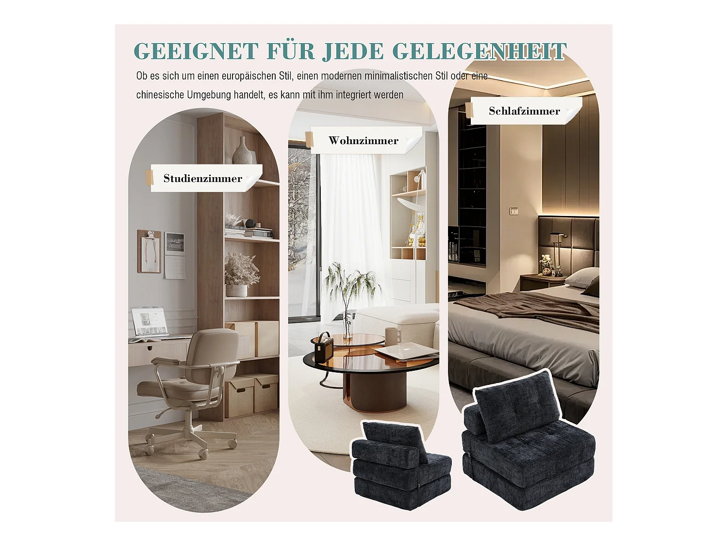 Sofá cama plegable con cojines, colchón plegable con respaldo, portátil, tela de chenilla negra (79 x 79 x 57 cm)