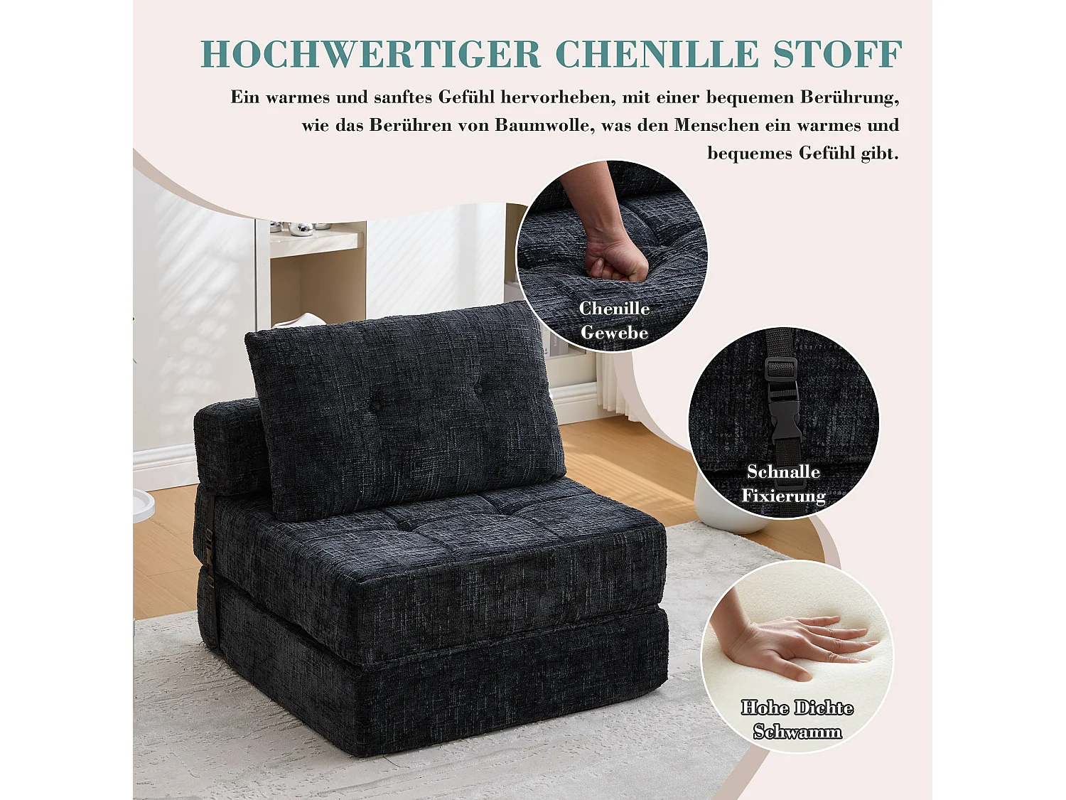 Canapé-lit pliable avec coussins, matelas pliant avec dossier, portable, tissu chenille noir (79x79x57 cm)