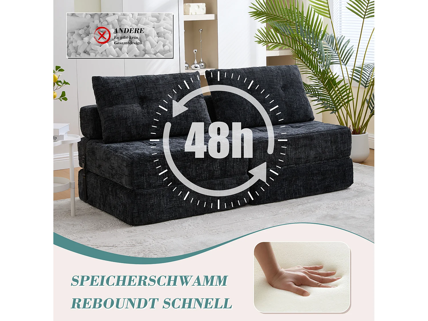 Canapé-lit pliable avec coussins, matelas pliant avec dossier, portable, tissu chenille noir (79x79x57 cm)