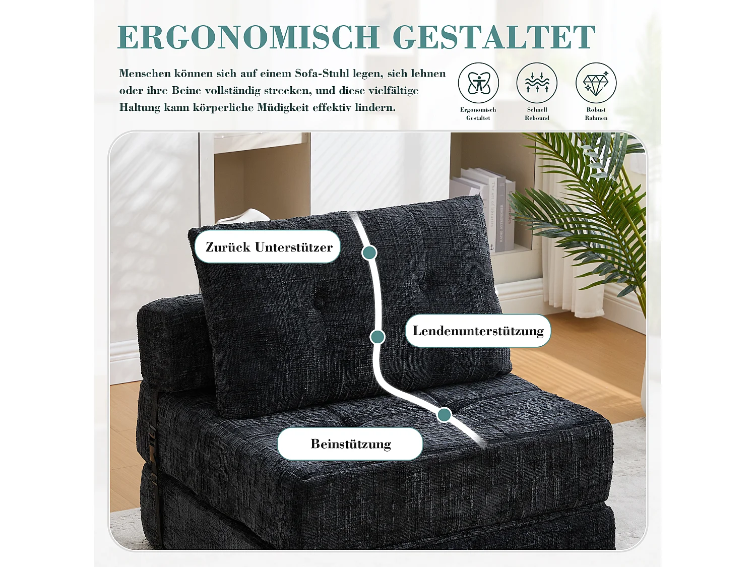 Canapé-lit pliable avec coussins, matelas pliant avec dossier, portable, tissu chenille noir (79x79x57 cm)