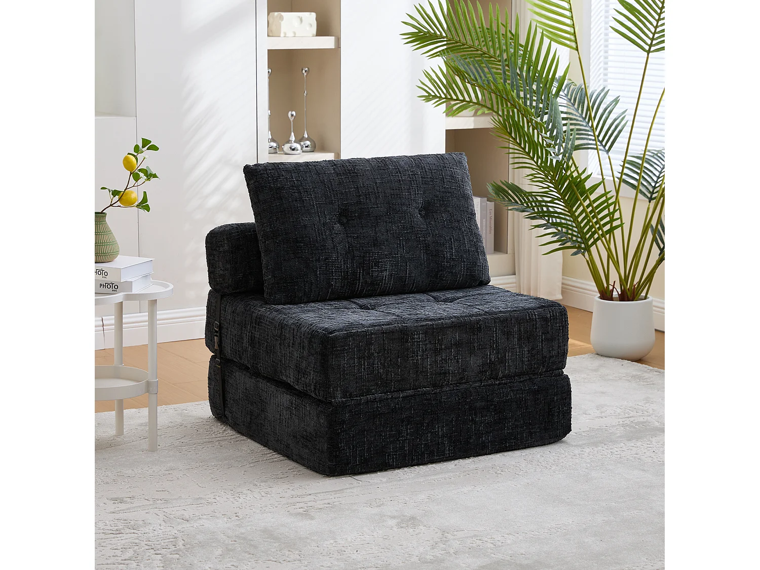Canapé-lit pliable avec coussins, matelas pliant avec dossier, portable, tissu chenille noir (79x79x57 cm)