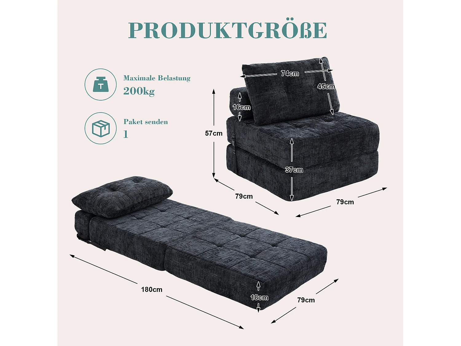 Canapé-lit pliable avec coussins, matelas pliant avec dossier, portable, tissu chenille noir (79x79x57 cm)
