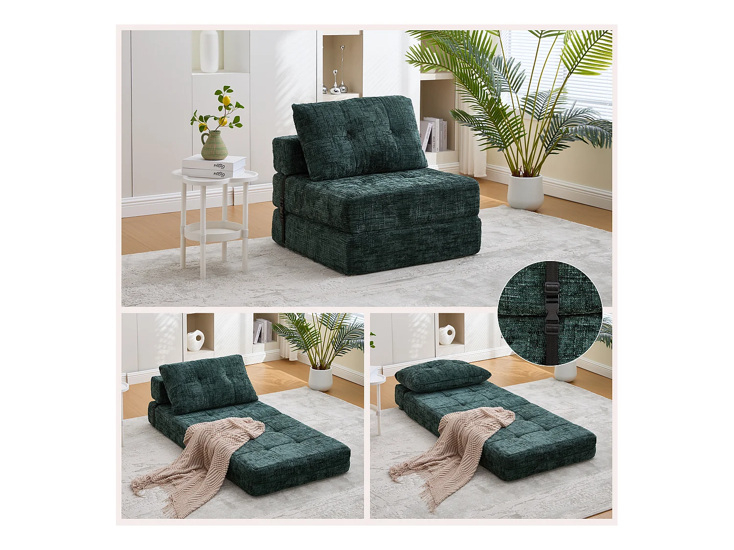 Canapé-lit pliable avec coussins, matelas pliant avec dossier, portable, confortable, tissu chenille émeraude (79x79x57 cm)