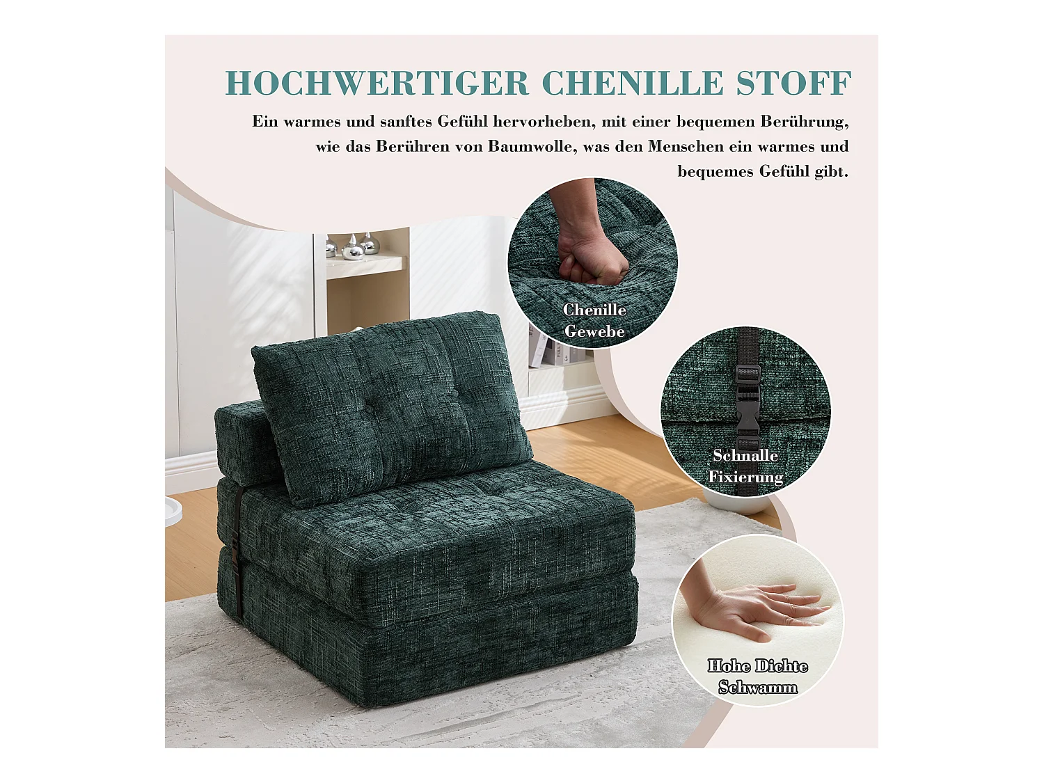 Canapé-lit pliable avec coussins, matelas pliant avec dossier, portable, confortable, tissu chenille émeraude (79x79x57 cm)