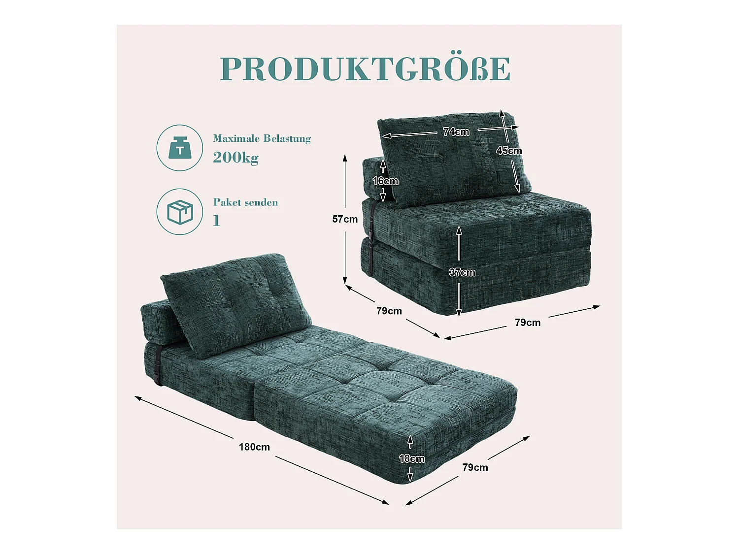 Canapé-lit pliable avec coussins, matelas pliant avec dossier, portable, confortable, tissu chenille émeraude (79x79x57 cm)