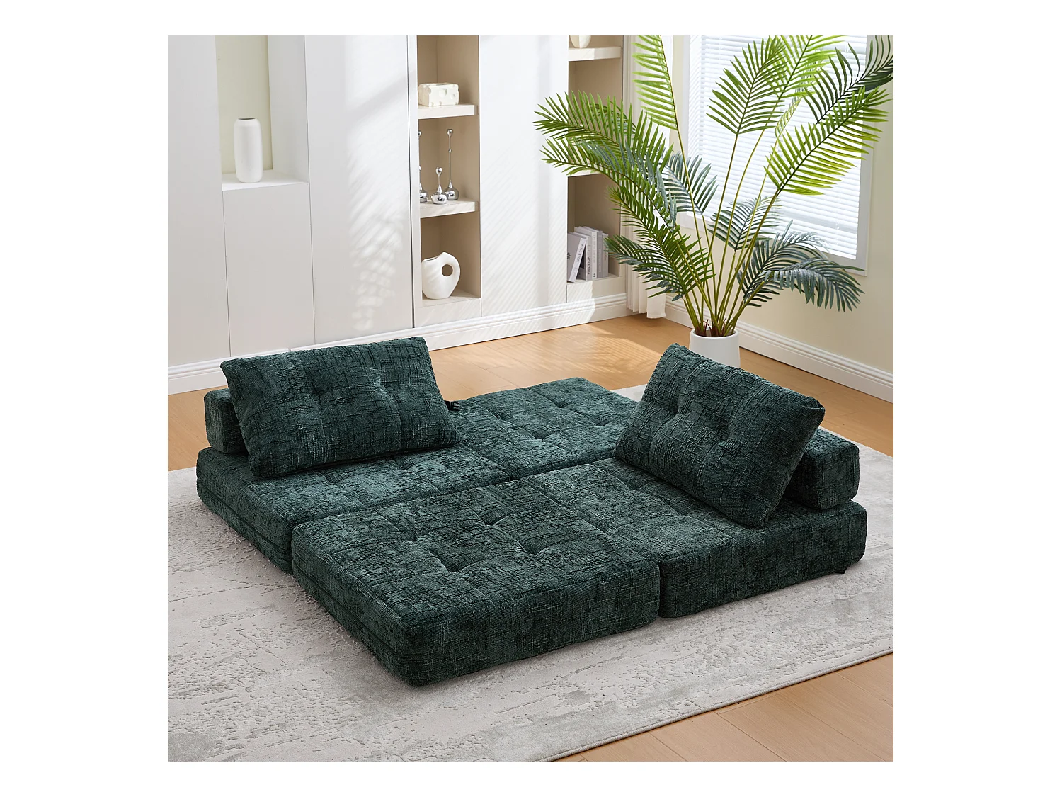 Canapé-lit pliable avec coussins, matelas pliant avec dossier, portable, confortable, tissu chenille émeraude (79x79x57 cm)