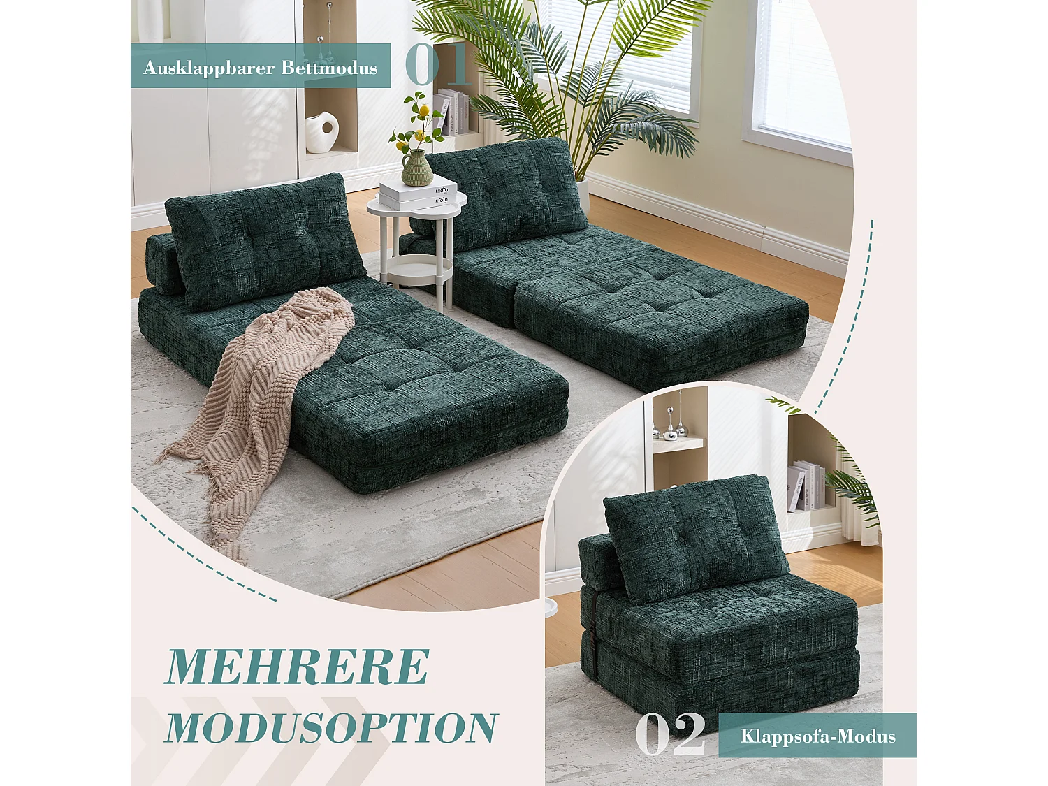 Canapé-lit pliable avec coussins, matelas pliant avec dossier, portable, confortable, tissu chenille émeraude (79x79x57 cm)