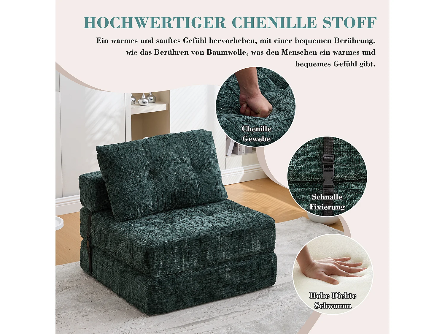 Canapé-lit pliable avec coussins, matelas pliant avec dossier, portable, confortable, tissu chenille émeraude (79x79x57 cm)