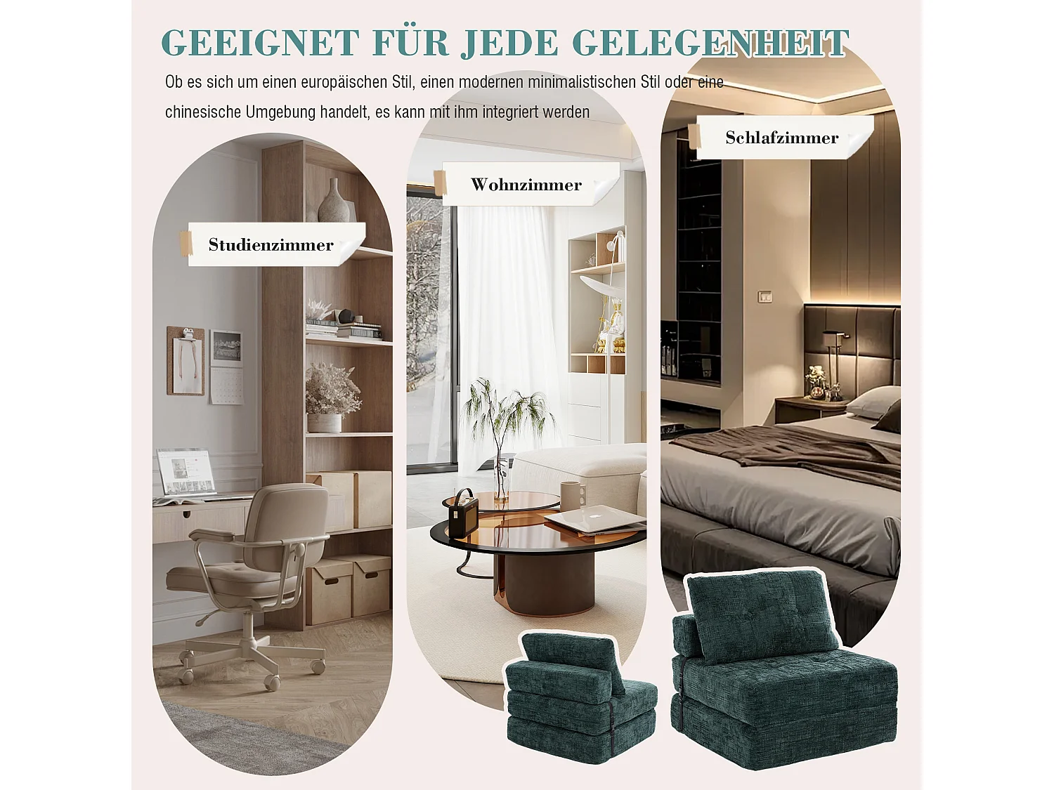 Canapé-lit pliable avec coussins, matelas pliant avec dossier, portable, confortable, tissu chenille émeraude (79x79x57 cm)