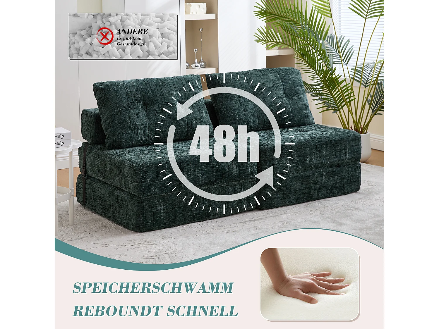 Canapé-lit pliable avec coussins, matelas pliant avec dossier, portable, confortable, tissu chenille émeraude (79x79x57 cm)