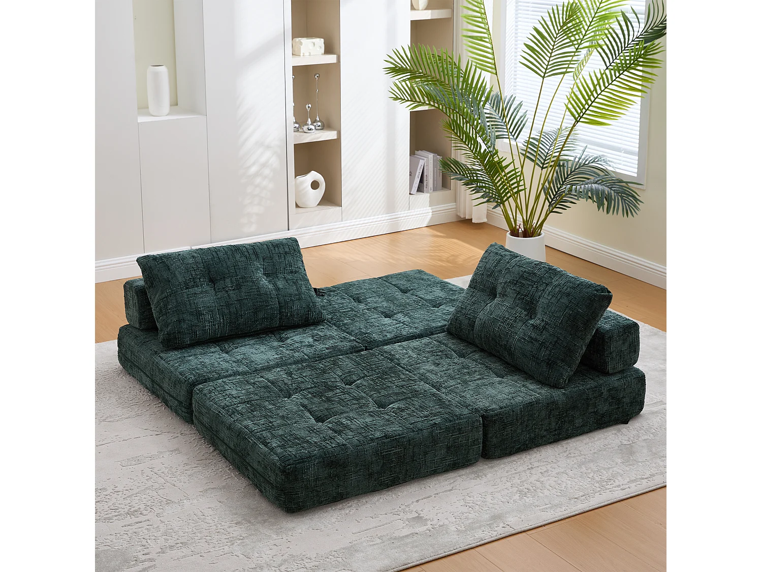 Canapé-lit pliable avec coussins, matelas pliant avec dossier, portable, confortable, tissu chenille émeraude (79x79x57 cm)