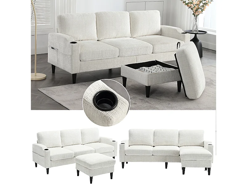 Sofá de 4 plazas con otomana, almacenaje incorporado, reposabrazos con portavasos y bolsillos laterales, tejido de chenilla, beige (196,5x75x77 cm)