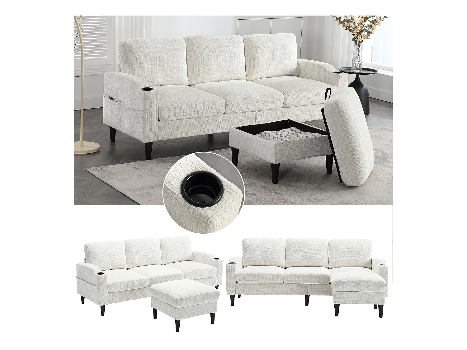 Canapé 4 places avec pouf, stockage intégré, accoudoirs avec porte-gobelets et poches latérales, tissu chenille, beige (196.5x75x77 cm)