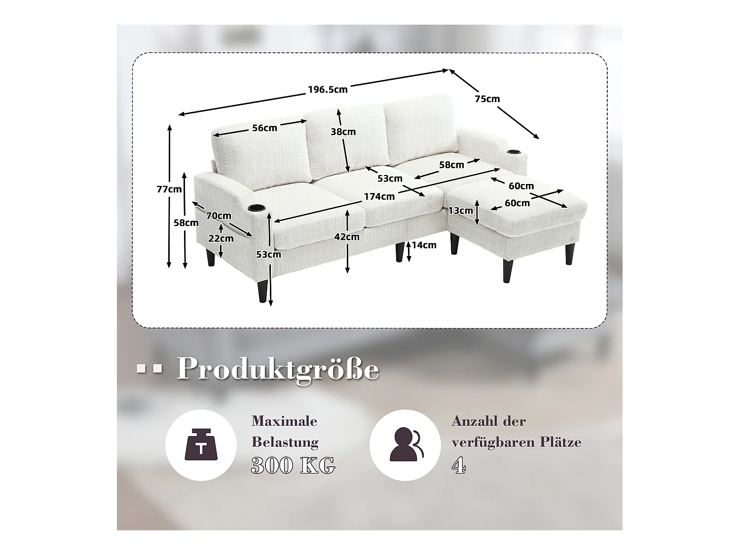 Canapé 4 places avec pouf, stockage intégré, accoudoirs avec porte-gobelets et poches latérales, tissu chenille, beige (196.5x75x77 cm)