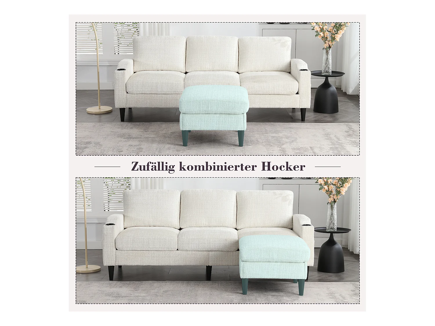 Canapé 4 places avec pouf, stockage intégré, accoudoirs avec porte-gobelets et poches latérales, tissu chenille, beige (196.5x75x77 cm)