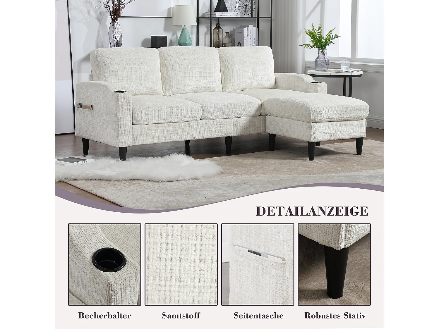 Canapé 4 places avec pouf, stockage intégré, accoudoirs avec porte-gobelets et poches latérales, tissu chenille, beige (196.5x75x77 cm)