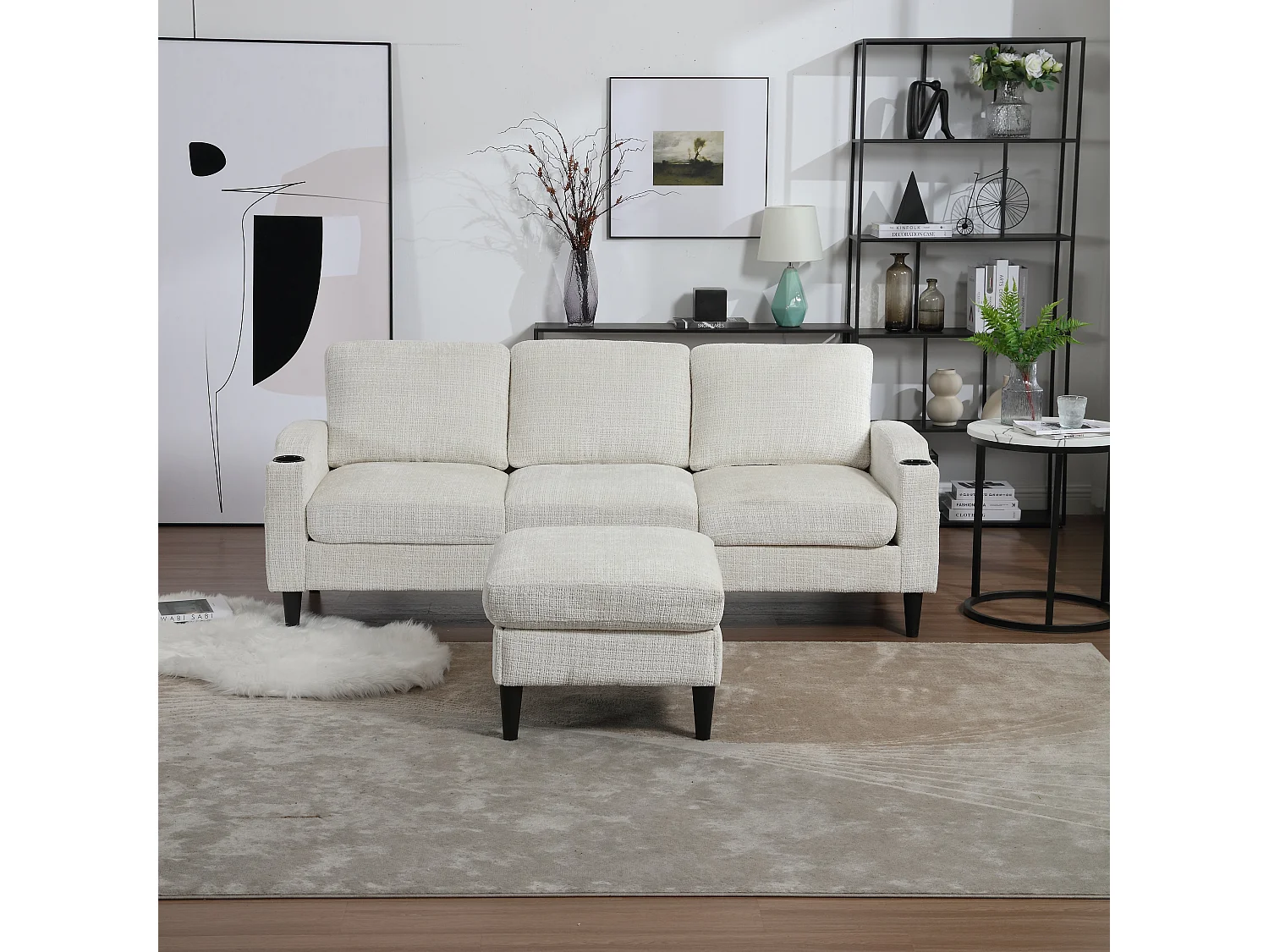 Canapé 4 places avec pouf, stockage intégré, accoudoirs avec porte-gobelets et poches latérales, tissu chenille, beige (196.5x75x77 cm)