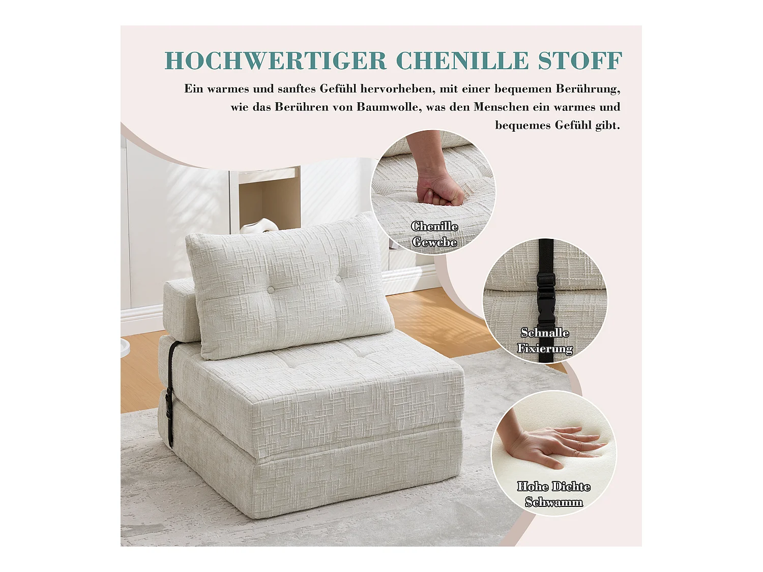 Canapé-lit pliable avec coussins, matelas pliant avec dossier, canapé portable confortable, beige (79x79x57 cm)