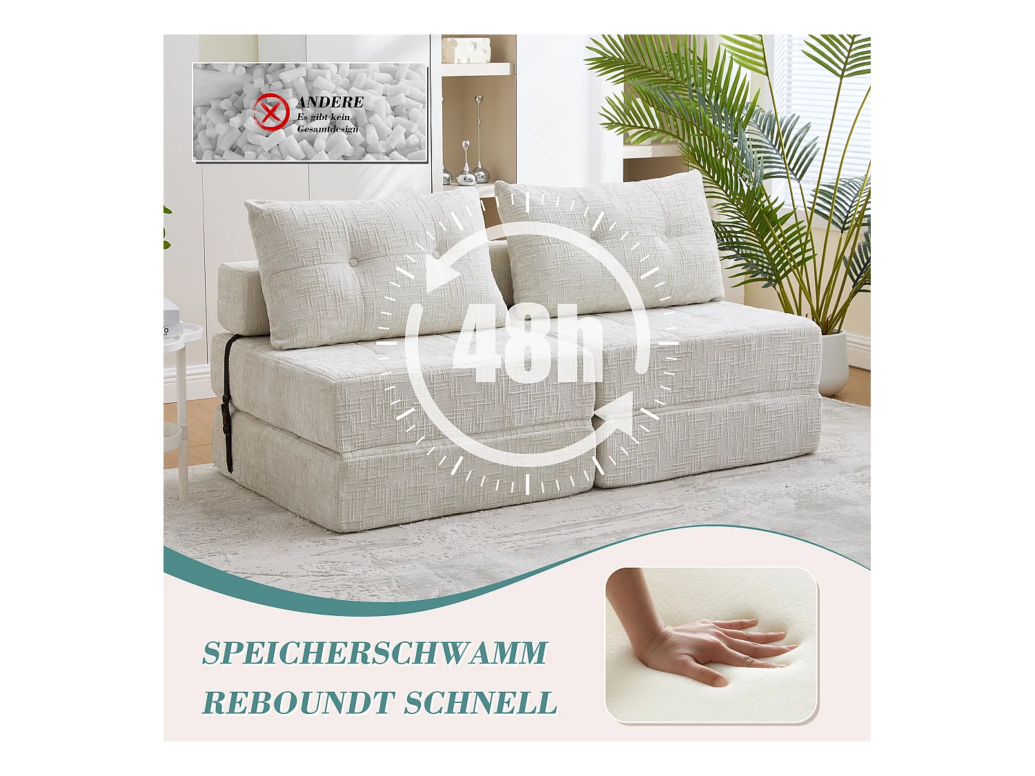 Canapé-lit pliable avec coussins, matelas pliant avec dossier, canapé portable confortable, beige (79x79x57 cm)