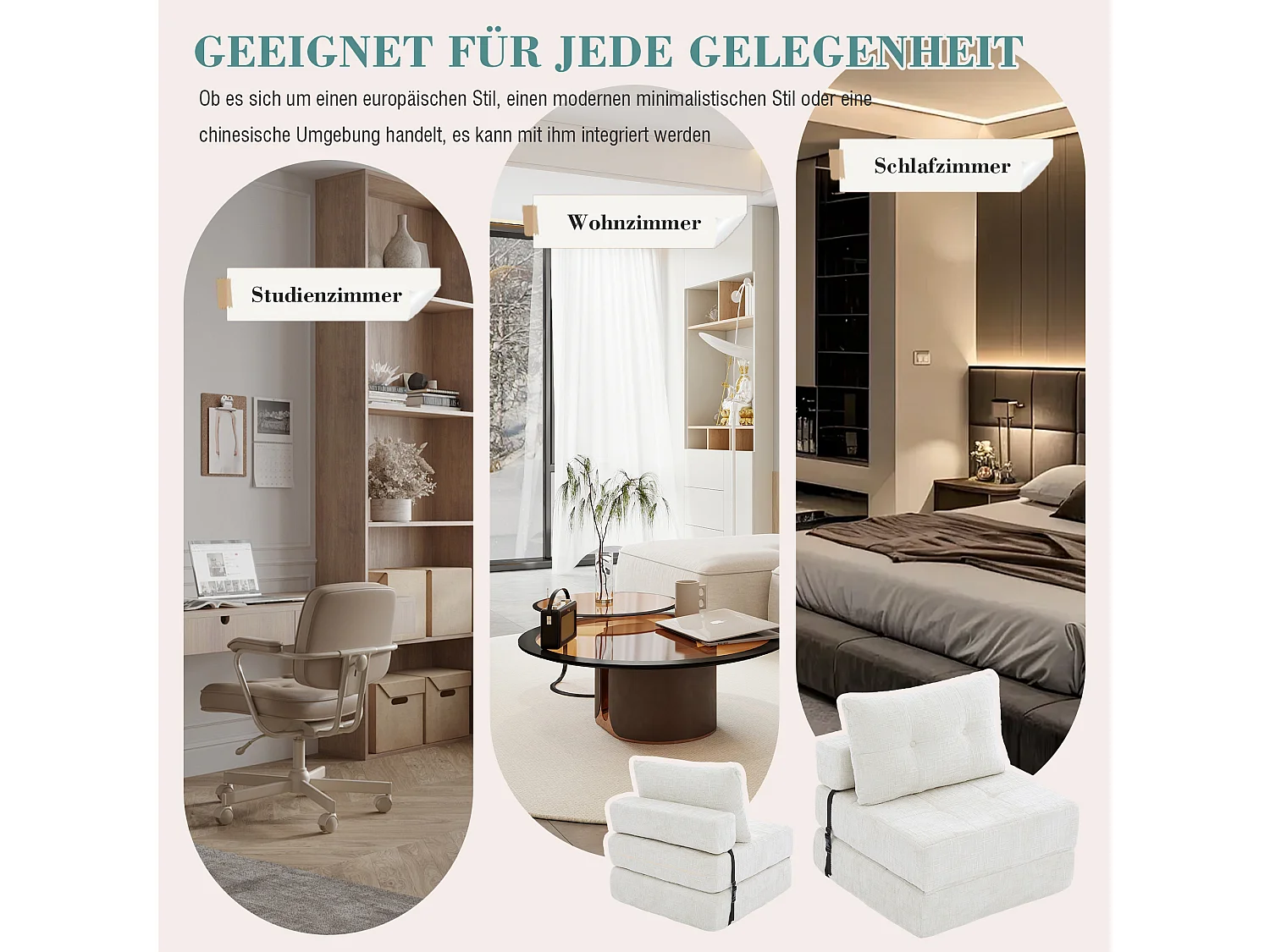 Canapé-lit pliable avec coussins, matelas pliant avec dossier, canapé portable confortable, beige (79x79x57 cm)