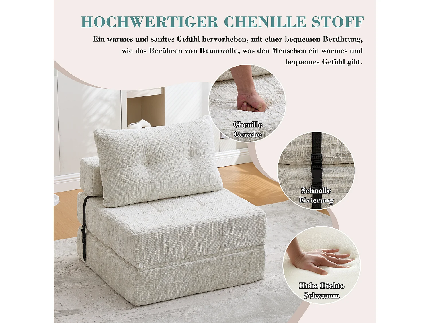 Opvouwbare slaapbank met kussens, opvouwbaar matras met rugleuning, comfortabele draagbare bank, beige (79x79x57 cm)